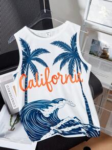 SHEIN 1pc Tween Boy Sleeveless Crew Neck Top, Vacation Theme Palm Tree & Wave Pattern, Casual Summer Top - White - View 1
