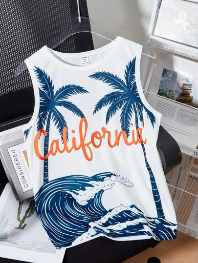 1pc Tween Boy Sleeveless Crew Neck Top, Vacation Theme Palm Tree & Wave Pattern, Casual Summer Top
