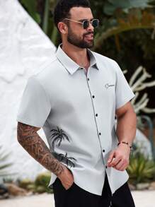 Manfinity Homme Plus Size Men's Palm Tree Print Short Sleeve Single Breasted Casual Shirt, Grey Shirt For Men, Men Short Sleeve Gray Shirt, Shirts For Men Summer - Grey - View 4