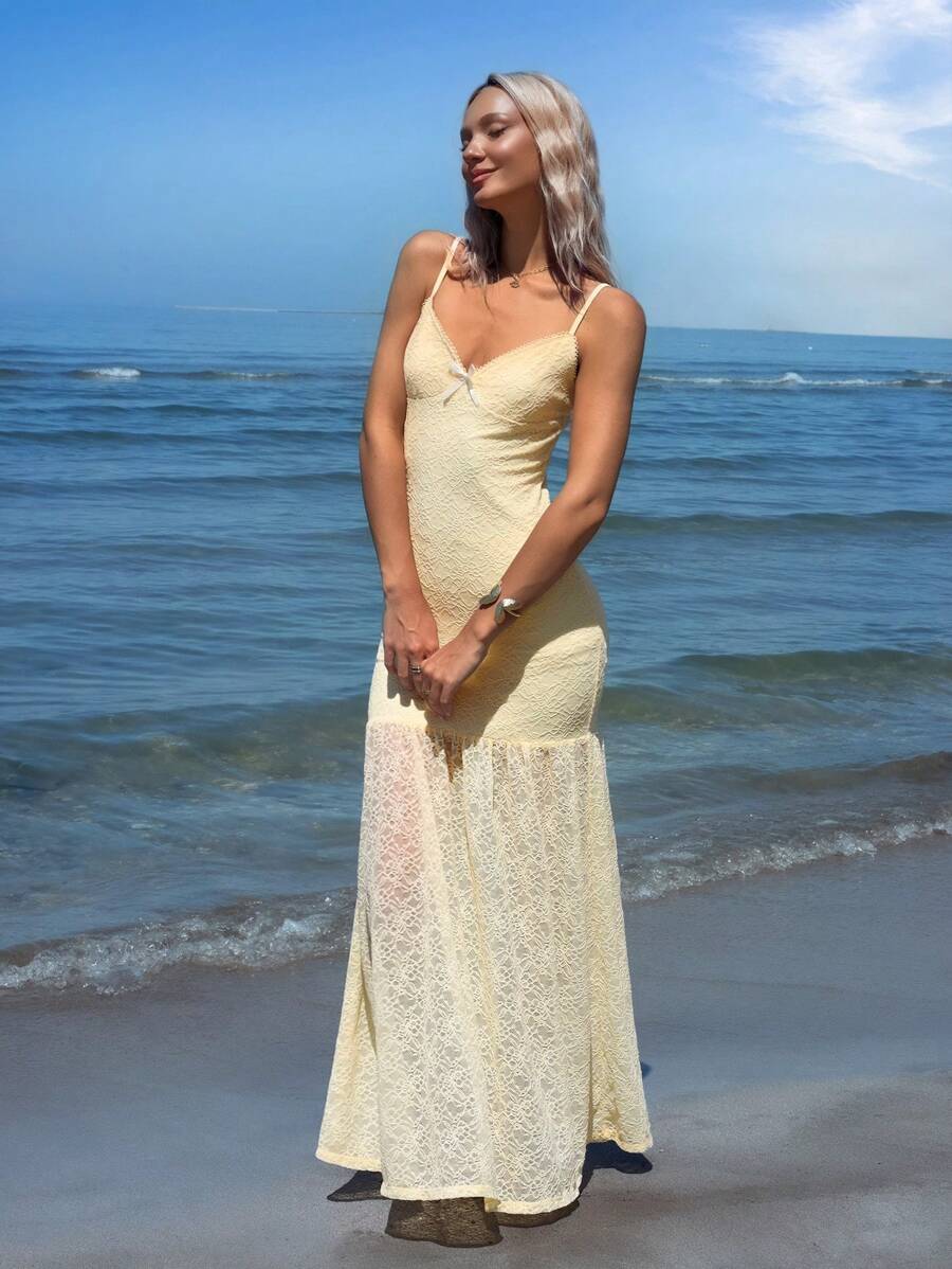 SHEIN ICON Summer Beach Hawaiian Sexy Going Out Yellow Elegant Lace Dress With Spaghetti Straps, Summer - Yellow - View 1