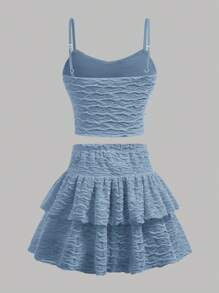 Girlism ملابس محددة من قطعتين للفتيات المراهقات - ملابس علوية كامي محبوكة نسيجية، وتنورة قصيرة متدرجة ذات ذيل مموج، بالأزرق، للربيع والصيف، كاجوال، ڤينتاج، أزياء الشاطئ