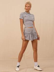 SHEIN Forever 21 Women Striped Polo Collar Short Sleeve Cropped Casual T-Shirt