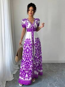 Elenzga 新款女式蓝白提花泡泡袖V领系带迷你连衣裙，优雅精致的中东风格 - 紫色 - 查看 4