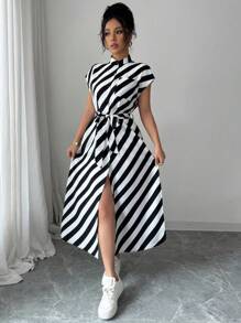 Breezaya 女款黑白条纹休闲特别木扣开衩连衣裙 - 黑與白 - 查看 7