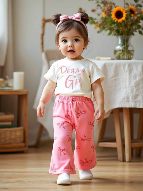 SHEIN Vintaside Kids 2pcs Infant & Toddler Girls Korean Style Pink Letter Print Crew Neck Short Sleeve White T-Shirt And Pink Bow Flare Pants Outfit Sets, Suitable For Daily Wear, Father's Day, Summer, Spring Clothes For Baby Girl Baby Girl High Quality Clothing Baby Clothes For Girls Baby Clothing Girl Clothes Baby Girl