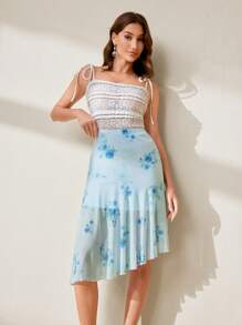 Chiquease Falda asimétrica de línea A con estampado de red casual/para vacaciones - Azul - Ver 6