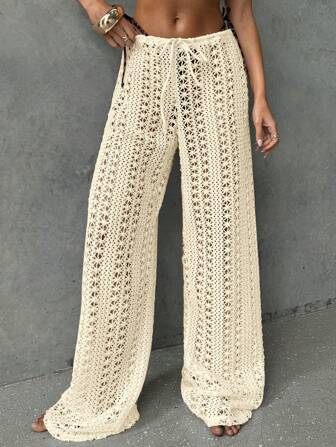 Aloruh Damen Strandüberwurf, elegante & sexy Vintage-Stil gestrickte halbtransparente Palazzo Hosen, geeignet für Frühlings-/Sommerurlaub Boho Hosen Damen Weite Bein Überwürfe für Bademode Hosen Hüfthose Damen Strände Land Konzert
