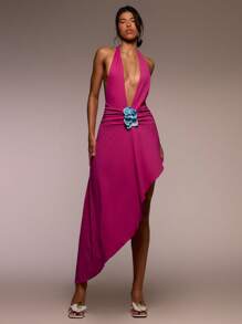 MUSERA 超低胸露背花朵装饰不对称下摆连衣裙，春夏伊比沙岛度假可爱节日海滩波西米亚风优雅Y2K性感毕业生日舞会婚礼宾客音乐会 - 玫紅色 - 查看 4