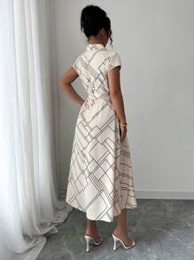 Elenzga Đầm midi thanh lịch họa tiết sọc hình học màu mơ cho nữ - Màu be - Xem 2