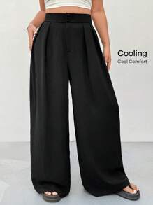 SHEIN EZwear Plus Size Office Women Outfits,Black High Waist Straight Leg Casual Pants, Minimalist & Stylish For Daily Wear,Spring Summer Clothes