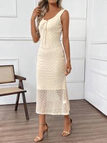 SHEIN LUNE Women's Solid Color Elegant Round Neck Sleeveless Long Dress, Summer - Apricot - View 6
