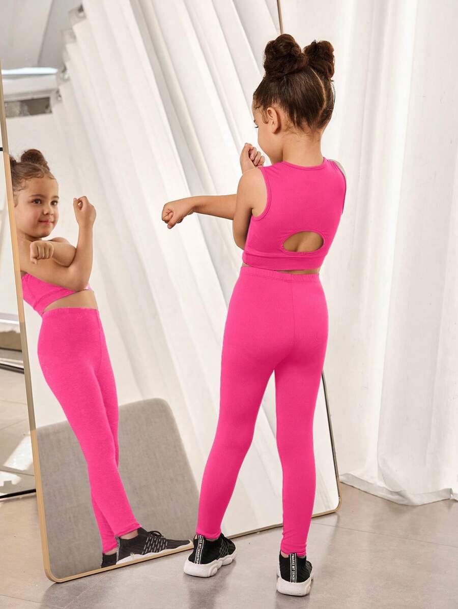 SHEIN Bộ 2 áo ba lỗ dệt kim màu trơn cho bé gái và quần nỉ thể thao thường ngày - Màu Hồng Tươi - Xem 1