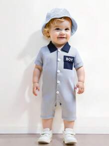 SHEIN Playful Pals Baby Boy Academy Style Blue And White Stripe Romper And Hat Set,Summer Casual Family Matching Outfit,Letter Embroidery Pocket,Spring/Summer Vacation - Royal Blue - View 7
