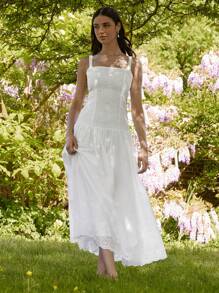 Enchnt 春夏浪漫女士优雅花卉刺绣荷叶边下摆吊带长裙，甜美优雅性感连衣裙，适合节日连衣裙、度假连衣裙、甜蜜约会、毕业季连衣裙、日常通勤、下午茶连衣裙、婚礼和花园派对，女士夏季服装，太阳裙，女士夏装，商务休闲女装 - 白色 - 查看 3