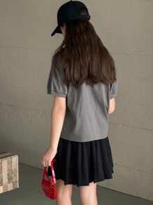 DAZY 2pcs/Set Teenage Girls Peter Pan Collar Embroidered Short Sleeve T-Shirt + Pleated Mini Skirt Summer Outfit,Back To School Clothes - Grey - View 5