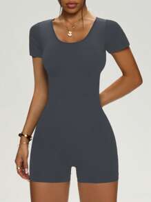 Easithlete Macacón deportivo sin espalda de unicolor y costura invisible para mujer - Gris - Ver 4
