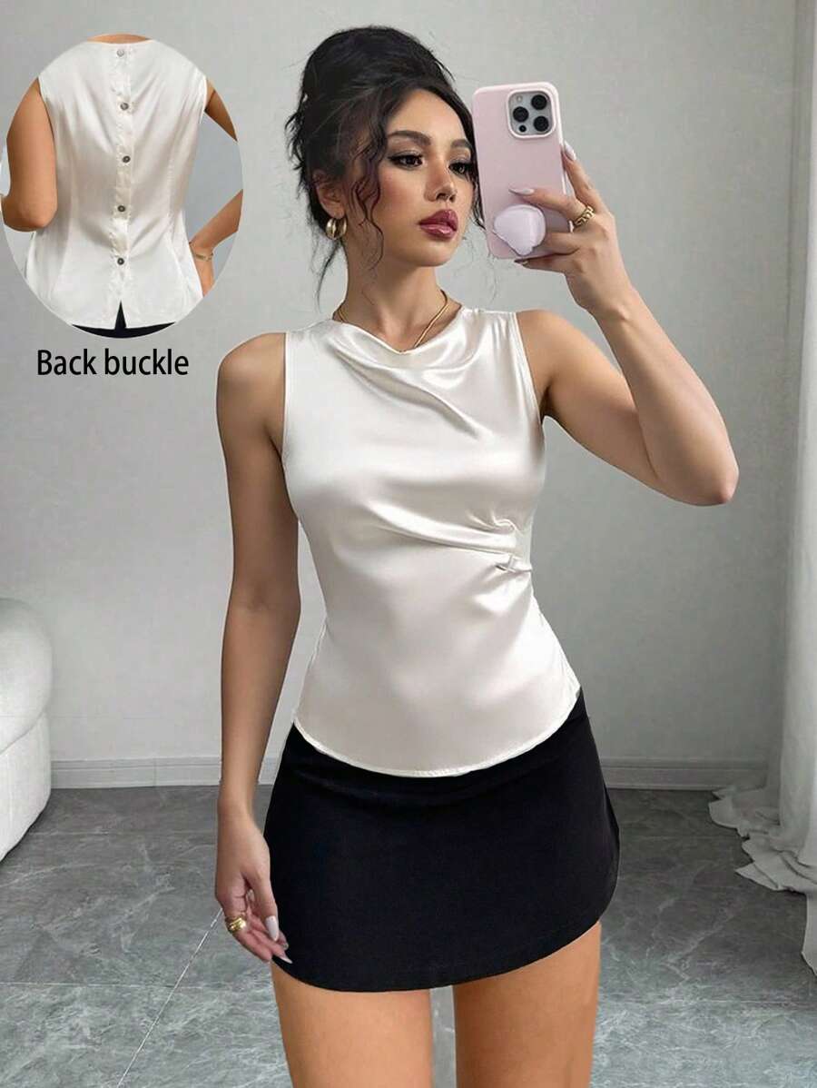 Chiquease Minimalist French Style Sleeveless Top For Women With Placket Back Design Small Lapel For Summer - Apricot - View 1