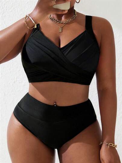 Slaydiva 2 st/set Plus Size Dam Svart & Rosa Overlay Rynkad Tankini Baddräkt Set, Sommar Strandsemester