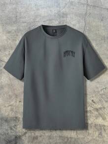 SWAVVY Loose Fit Men's Knit Casual Letter Print T-Shirt, Summer, Streetwear Friendly, 2000s Style - Dark Grey - View 2