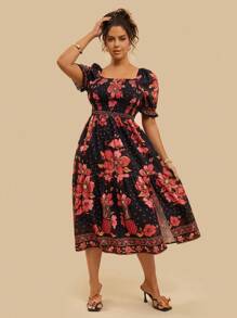 Travachic Plus Size Women Bohemian Puff Sleeve Floral Print Square Neck Casual Summer Vacation Dress