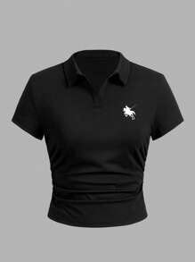SHEIN Essnce Set de 2 camisetas de mujer con cuello polo, cuello en V, pliegues y mangas cortas - Multicolor - Ver 5