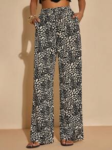 Loose High Waist Full Print Straight Leg Pants, Vacation Casual - Navy Blue - View 1