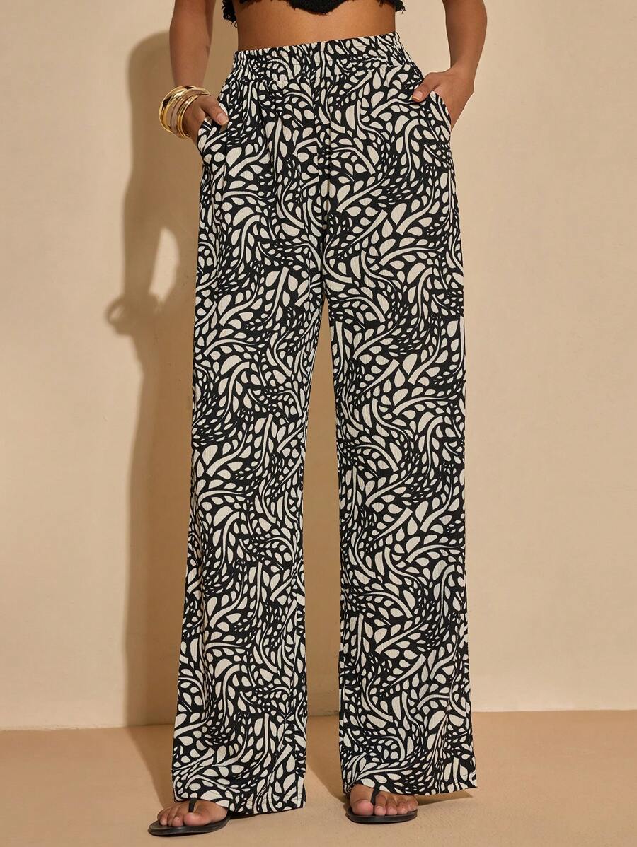 Loose High Waist Full Print Straight Leg Pants, Vacation Casual - Navy Blue - View 1