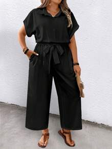 Joress Women's Plus Size Solid Color Short Sleeve Turndown Collar With Belt And Pockets Casual Jumpsuit