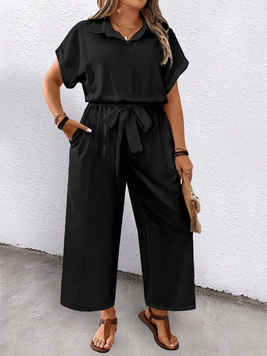 Joress Women's Plus Size Solid Color Short Sleeve Turndown Collar With Belt And Pockets Casual Jumpsuit