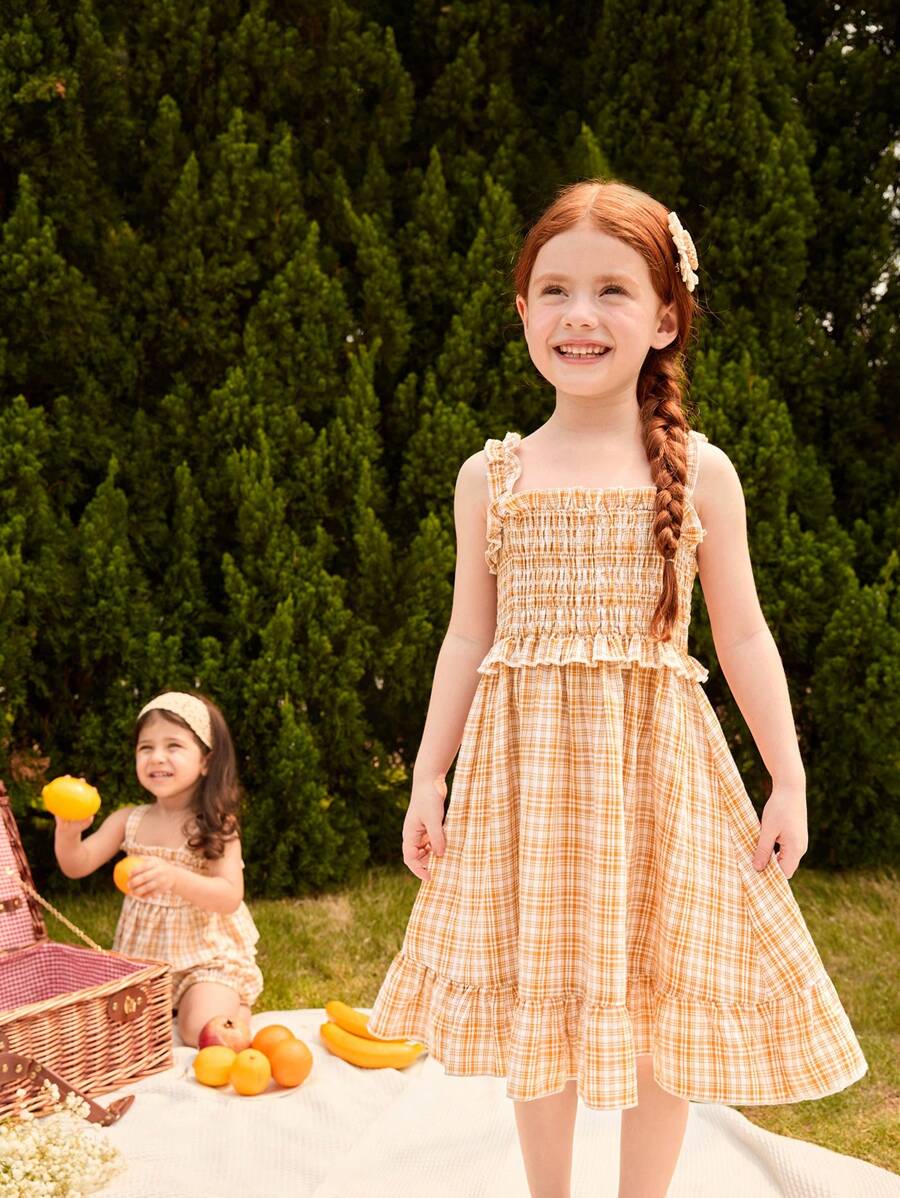 Blossori Young Girls Yellow Plaid Suspender Dress - Yellow - View 1