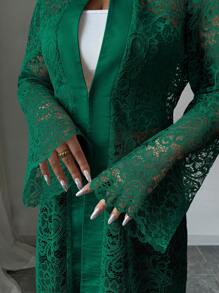 Elenzga Ladies Long Sleeve Thin Floral Lace Solid Color Jacket, 2025 New Arrival - Dark Green - View 3