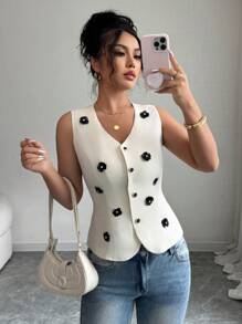Gloray Elegant Sleeveless V-Neck Single-Breasted Floral Embellished Vest, Suitable For Spring And Summer