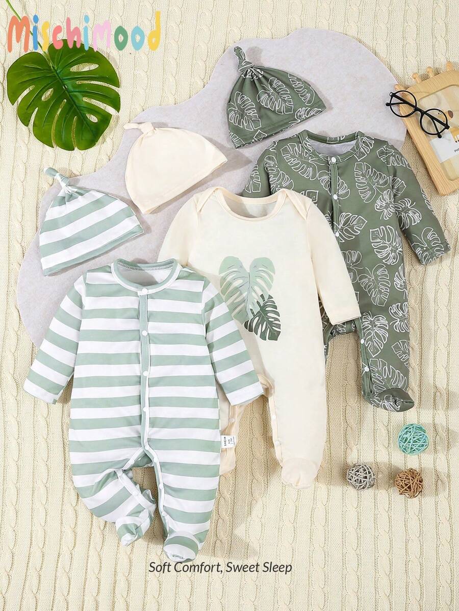 SHEIN 6 件套新生儿男孩/女孩绿色条纹和叶子印花连体衣、睡衣带帽子