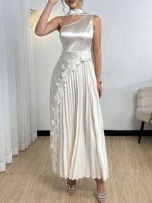 Modelyn Waisted Pleated Hem Sexy Elegant Long Dress - Apricot - View 5
