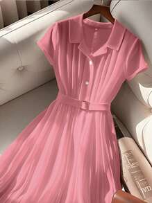 GlowEve Váy ngắn màu trắng cổ polo xếp ly chiffon kiểu Pháp thanh lịch thời trang mới, tay ngắn mùa hè - Bụi hồng - Xem 3
