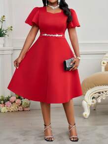 Fleurora Abito midi da donna con scollo a cuore, maniche corte con volant, elegante, con vita impreziosita da strass, di taglia grande