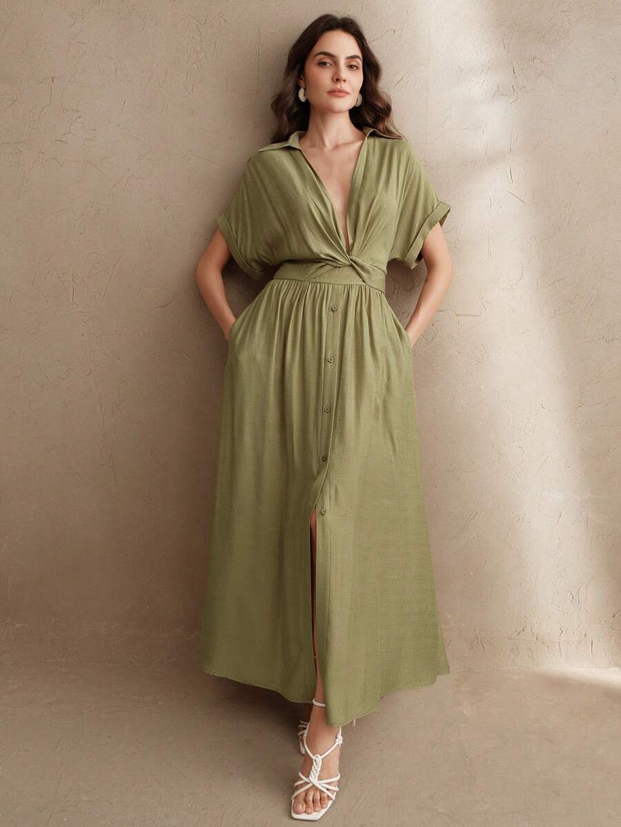 Anewsta 女士时尚翻领扭腰 V 领单排扣长衬衫裙，节日外出度假装 - 綠色 - 查看 1