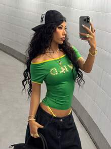 StreetHx Áo thun Jersey Color Print Off Shoulder Bó sát - Nhiều màu - Xem 4