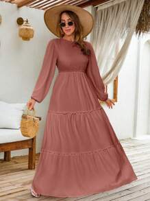 EURMUSE LANTERN LONG SLEEVE LAYERED LONG DRESS - Rusty Rose - View 6