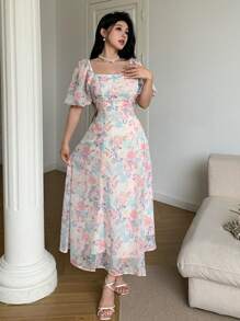 Feyla Damen Sommerkleid mit Blume Muster, quadratischem Ausschnitt, Puffärmeln und geraffter Taille, knielang