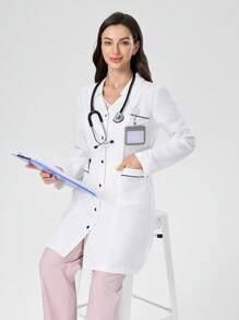 TaskEZ Bata de laboratorio para mujeres con cintura ajustable, 3 bolsillos y contraste de color en las mangas largas