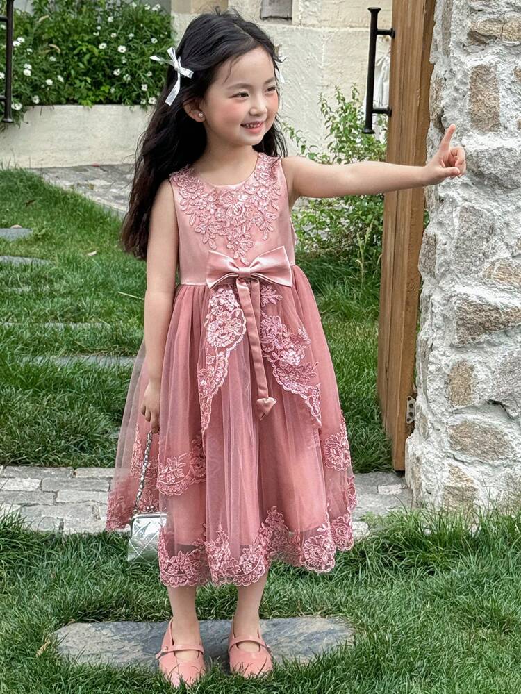 Girls Sleeveless Bow Decor Ruffled Party Dress, Summer