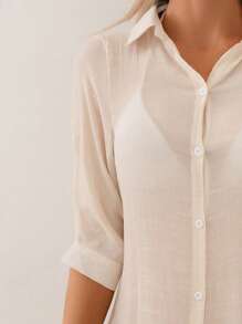 Swim Vcay 1pc Women's Solid Color Long Sleeve Kimono Cover Up, Fashionable For Summer - Apricot - View 5