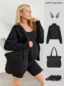 GLOWMODE 8 英寸 FeatherFit™ Mama On The Move 短袖圆领可拆卸罩杯侧袋氨纶孕妇装短款连体衣低冲击瑜伽普拉提工作室健身房日常休闲装