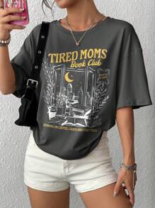 Women's Casual American Flag Print Dropped Shoulder Loose Fit Round Neck T-Shirt, Summer - Dark Grey - View 3