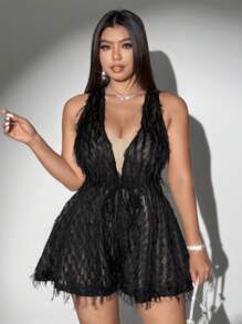 Viva Relle 大码女式无袖V领流苏腰优雅性感连体裤 - 黑色 - 查看 4