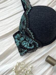 Áo ngực Bachelorette ren hồng cổ chữ V sâu có gọng, đồ lót nâng ngực gợi cảm cúp 3/4 dành cho nữ - Xám - Xem 4