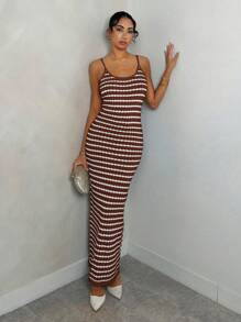 Glamine 中长款黑白条纹优雅女士针织吊带裙，春夏 - 棕色 - 查看 6