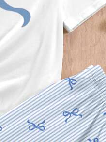 SHEIN Leap Crew 2 件套青少年女孩休闲家居服套装 - 圆领短袖衬衫和阔腿裤 - 彩色 - 查看 5