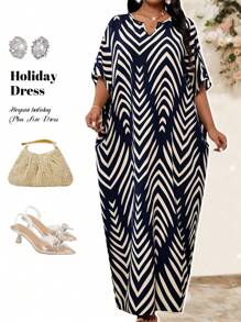 Fleurora Spring And Summer Autumn And Winter Elegant Navy Blue Woven Notched Kaftan Dress Plus Size Dresses Robe Palm Leaf Pattern Holiday Coverup Dress - Navy Blue - View 1